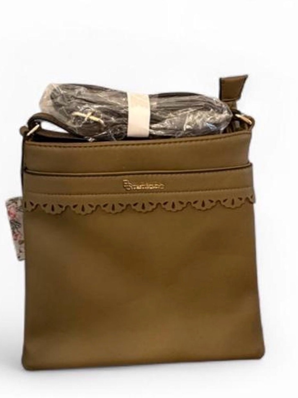 Scalloped Trim Olive Crossbody Bag with Adjustable Strap